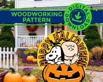 May include: A digital woodworking pattern featuring a circular graphic of a cartoon dog and a round-headed character sitting inside a jack-o'-lantern. The design includes the text "HAPPY HALLOWEEN" in bold black letters against a yellow background.