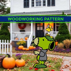 May include: A woodworking pattern graphic featuring a green Frankenstein-style Snoopy character with black stitches and a grey shirt, with a yellow Woodstock character on its head, set against a house exterior with pumpkins and a wreath.
