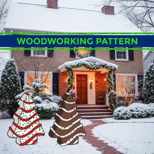 May include: A winter scene with a house and two Christmas tree woodworking patterns. The trees are white with red stripes and brown with white stripes. The text "WOODWORKING PATTERN" is displayed across the top of the image.