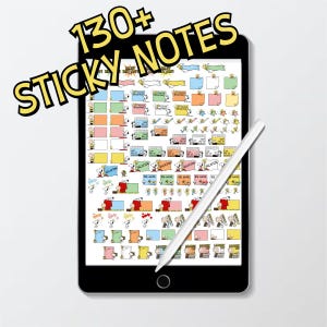 May include: A black tablet displays a collection of colorful sticky notes featuring Snoopy and other Peanuts characters. The words "130+ STICKY NOTES" are in yellow. A white stylus rests on the screen.