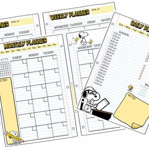 May include: A selection of Snoopy-themed planners, including weekly, monthly, and daily layouts. The planners feature lined paper with Snoopy illustrations and text such as "Weekly Planner," "Monthly Planner," and "Daily Planner." The color scheme includes yellow and white.