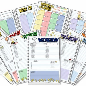 May include: A selection of colourful, spiral-bound planners featuring Snoopy and the Peanuts gang. Each planner is designed for daily, weekly, monthly, and yearly scheduling, with sections for notes and to-do lists. The planners have a playful, cartoon-like design.