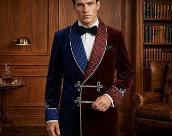 May include: A two-tone velvet jacket, split vertically with navy blue and burgundy. The jacket features a quilted lapel, silver trim, and decorative closures. A green bow tie and pocket square complete the formal look. The jacket is a stylish piece of apparel.