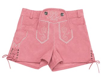 May include: Pink shorts with white embroidered details and decorative buttons. The shorts feature a lace-up design on the sides and a pocket with a heart-shaped design. The shorts are made of a soft, suede-like material.