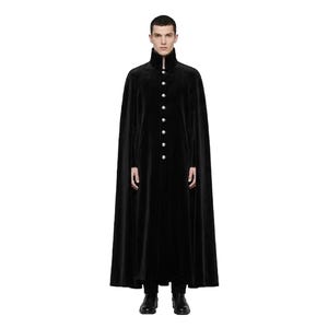 Könnte beinhalten: Langer, schwarzer Samt-Umhang mit Stehkragen und silberfarbenen Knöpfen. Der Umhang ist vorne mit Knöpfen geschlossen und hat einen fließenden Schnitt. Geeignet für Cosplay oder Kostümveranstaltungen.