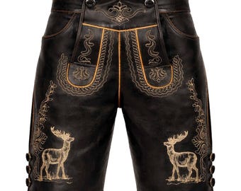 May include: Black leather shorts with intricate gold embroidery and deer illustrations. Features decorative buttons and a classic design. A traditional garment, perfect for themed events or costume parties.
