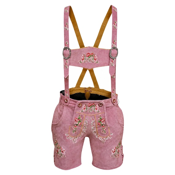 Women Pink Lederhosen Shorts Embroidered Bavarian Oktoberfest Outfit | Floral Suede German Trachten Shorts with Suspenders