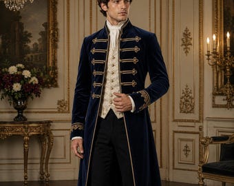 May include: A navy blue velvet frock coat featuring gold braided cord closures and embroidery on the cuffs, worn over a cream-colored patterned waistcoat with gold buttons, a white high-collar shirt, and black trousers in a formal ensemble.