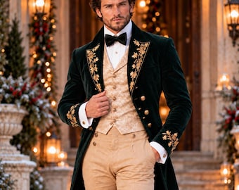 May include: A dark green velvet tailcoat featuring gold floral embroidery on the lapels and cuffs, worn over a beige patterned waistcoat and light tan trousers. The ensemble includes a crisp white dress shirt and a black bow tie.