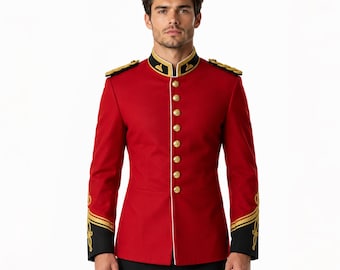 May include: A red military-style jacket with gold buttons and trim. The jacket features a high collar with gold and black accents, epaulettes, and decorative cuffs. The jacket is paired with black pants.