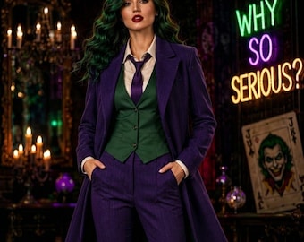 May include: A purple pinstriped long coat and matching trousers worn with a dark green vest, a white collared shirt, and a purple necktie. The ensemble features a structured lapel, buttoned vest, and deep pockets, creating a formal suit appearance.