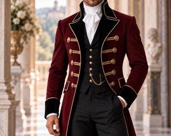 May include: A long, deep red velvet coat with black lapels and gold piping, worn over a black waistcoat with gold buttons and a gold pocket watch chain. A white shirt with a high collar and a white cravat are worn underneath the waistcoat.