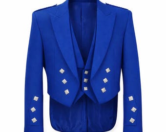 May include: A vibrant royal blue Prince Charlie jacket featuring a matching waistcoat. The jacket has peaked lapels, epaulettes on the shoulders, and silver-toned square buttons arranged on the front panels and the cuffs of the long sleeves.