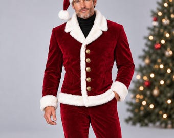 May include: A deep red velvet suit featuring a jacket with white faux fur trim on the collar and cuffs, fastened with five gold-toned buttons. The ensemble includes matching red velvet trousers and a red velvet Santa hat with white faux fur trim.
