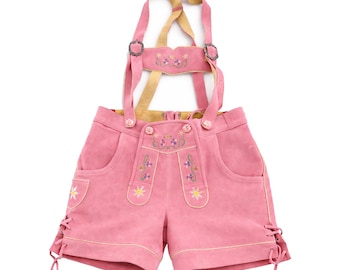 Pantaloncini Lederhosen rosa da donna – Completo Oktoberfest bavarese in camoscio per donna – Pantaloncini Trachten tedeschi ricamati