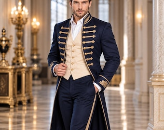 May include: A navy blue long coat with gold embroidery and buttons, worn over a beige vest and white shirt, paired with matching navy blue trousers featuring a gold side stripe. The ensemble includes gold leaf detailing on the cuffs and collar.