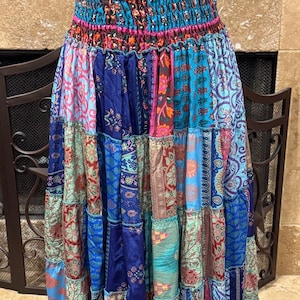 Handmade Silk Patchwork Skirt, Adjustable Smocked Waist