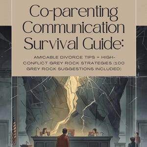 Può includere: Copertina del libro "Co-parenting Communication Survival Guide" di Lynholly Knight. L'immagine mostra una scena di tribunale con una grande formazione rocciosa incrinata sullo sfondo. Il testo include "Amicable Divorce Tips + High-Conflict Grey Rock Strategies".