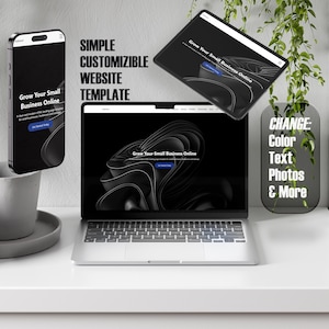 Puede incluir: Un espacio de trabajo moderno con un portátil, una tableta y un smartphone, todos mostrando una interfaz de sitio web con el texto "Grow Your Small Business Online". También incluye el texto "SIMPLE CUSTOMIZIBLE WEBSITE TEMPLATE".