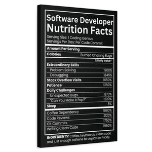 May include: A rectangular black wall art print featuring white text styled as a nutrition facts label titled Software Developer Nutrition Facts. It lists various humorous metrics like Problem Solving, Debugging, and Coffee Dependency with percentages.
