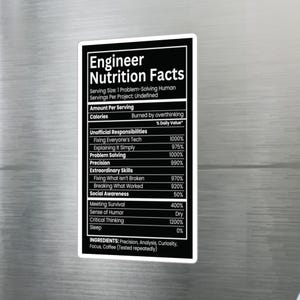 May include: A black and white sticker with the text "Engineer Nutrition Facts". The sticker lists "Unofficial Responsibilities" and "Extraordinary Skills" with humorous percentages. The ingredients are listed as "Precision, Analysis, Curiosity, Focus, Coffee".
