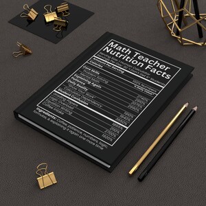 May include: A black notebook with the text "Math Teacher Nutrition Facts" and a list of "calories" for various teaching tasks. Gold and black pencils and gold binder clips are also visible.