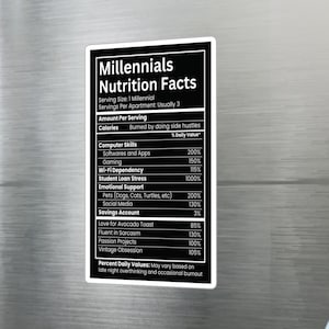 Millennial Nutrition Facts Vinyl Decal 4x6 Black Retro Humor Generational Gift for Millennials Laptop Water Bottle Sticker Home Office Decor