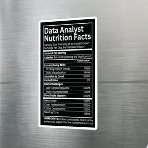 Może przedstawiać: Prostokątny czarno-biały magnes z parodią etykiety wartości odżywczych zatytułowanej Data Analyst Nutrition Facts. Tekst zawiera humorystyczne kategorie, takie jak Finding Hidden Trends, Data Visualization oraz Coffee Dependency z wysokimi wartościami.