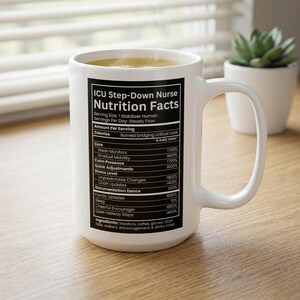 May include: White ceramic mug with a large handle, filled with a yellow liquid. The mug features a black label with white text that reads "ICU Step-Down Nurse Nutrition Facts". A small succulent plant sits in the background.