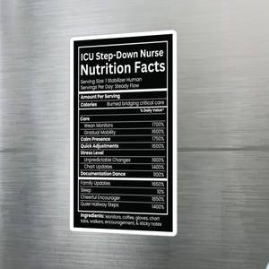 Może przedstawiać: Prostokątny magnes z czarną obwódką i białym wnętrzem. Magnes zawiera tekst "ICU Step-Down Nurse Nutrition Facts" oraz listę "składników" i "wartości dziennych" związanych z opieką pielęgniarską.