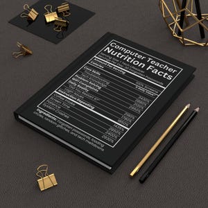 May include: A black notebook titled "Computer Teacher Nutrition Facts" with a list of tech-related challenges. Gold and black pencils and gold binder clips are also visible.