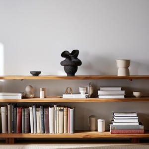 Peut inclure: Une étagère en bois à trois niveaux, remplie de livres et d'objets décoratifs. L'étagère supérieure contient un vase sculptural noir et un petit bol noir. L'étagère du milieu a une pile de livres et de petits objets de décoration. L'étagère inférieure est remplie de livres.