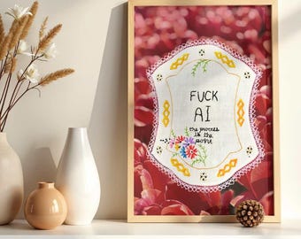 Arte de parede "Foda-se a IA" - Impressão bordada em estilo renda