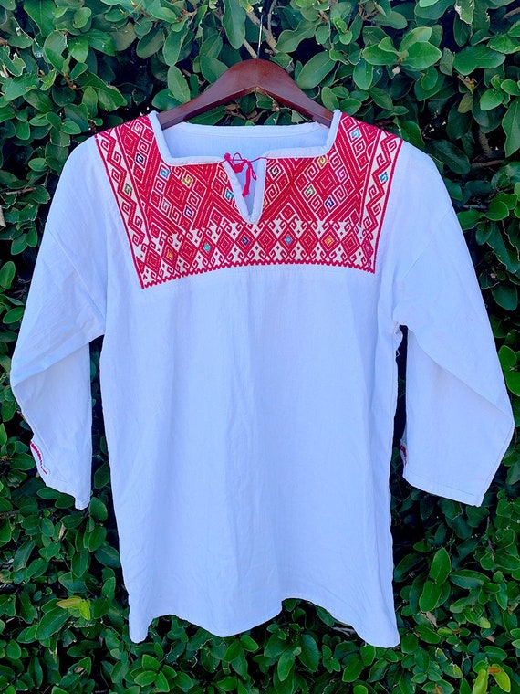 White & Red Embroidered Floral Blouse