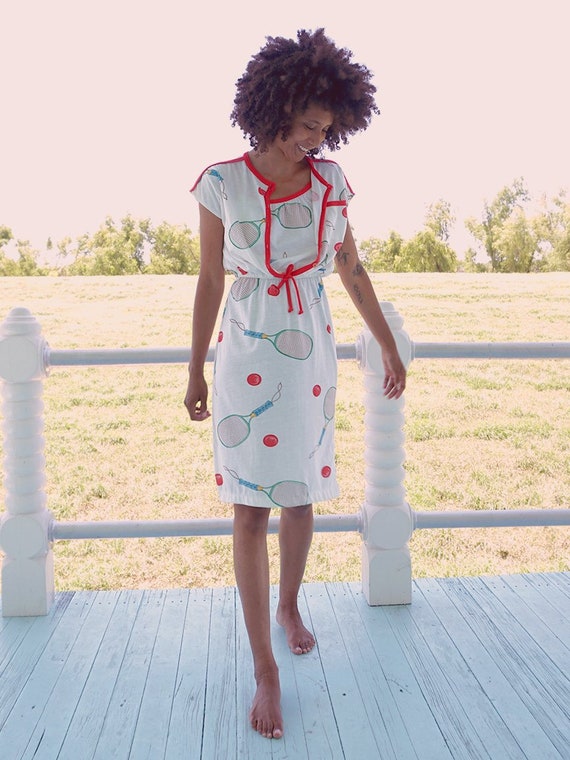 70's White Tennis Print Dress Set