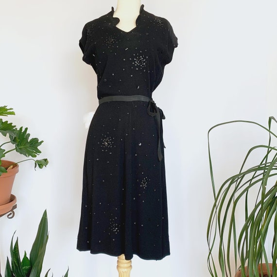 40's Black Sequin Dress w/ Tie Belt