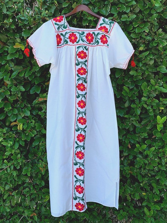 White Mexican Red Flower Embroidered Dress