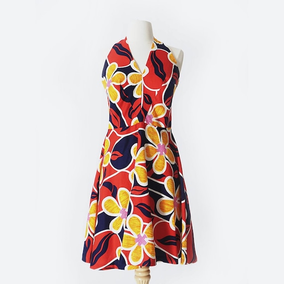 70's Red & Blue Floral Print Dress