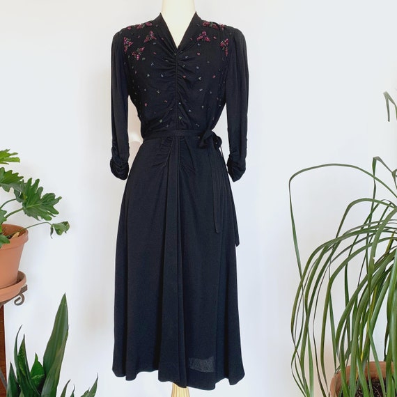 40's Black Jewel Tone Sequin Dress w/ Belt