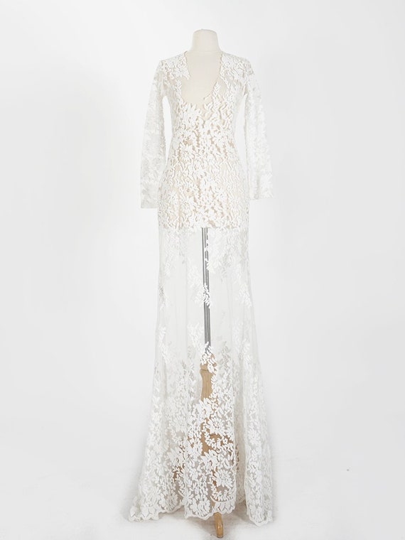 White Sheer Embroidered Lace Gown
