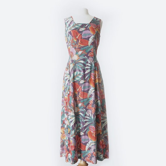 Purple Tropical Print Silk Dress
