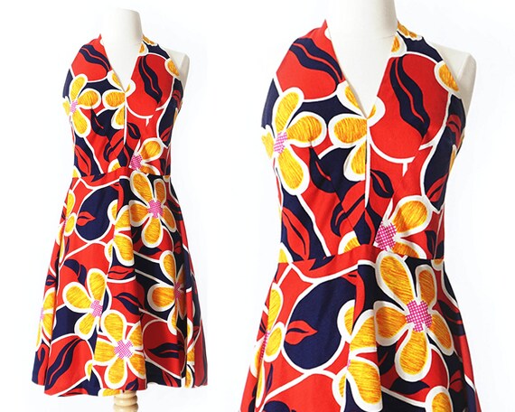 70's Red & Blue Floral Print Dress