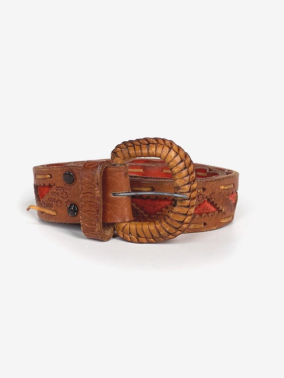 Old Tooled Brown & Red Leather Belt