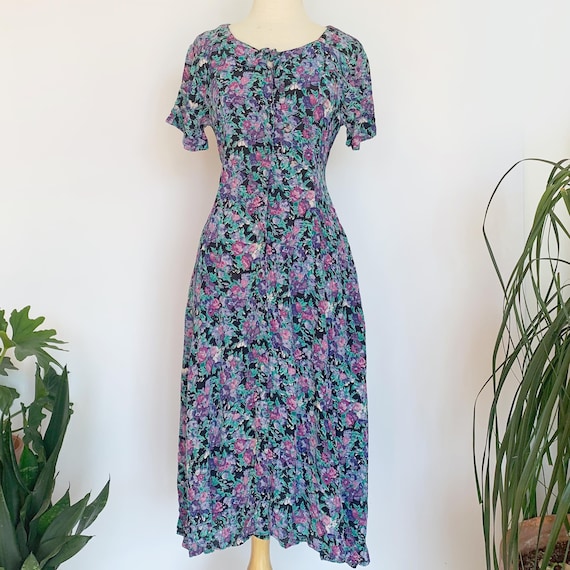 80's Purple Floral Short Sleeve Dress
