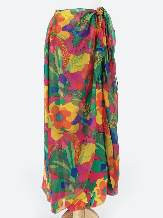 Vibrant Tropical Print Silk Wrap Skirt