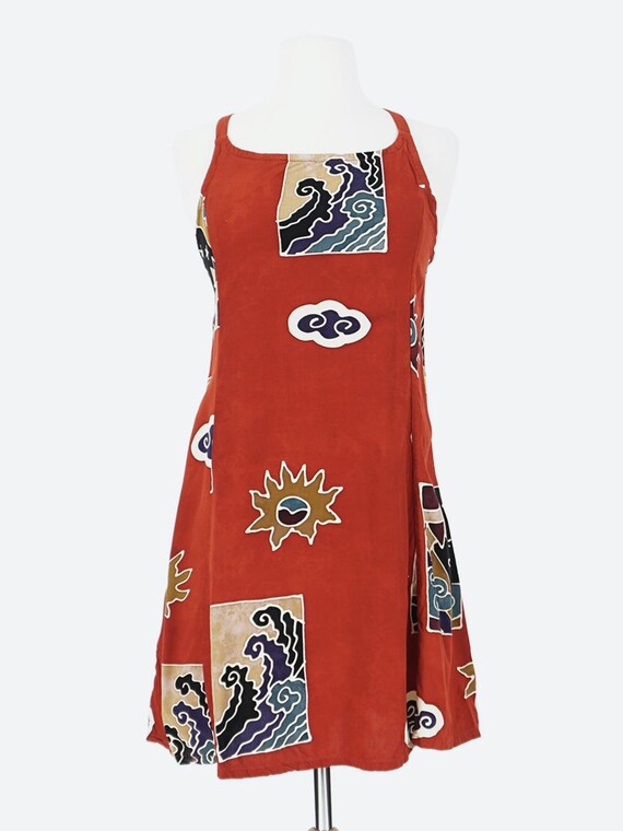 90's Deep Orange Batik Print Mini Dress