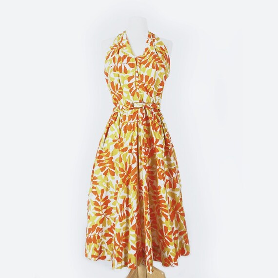 50's Orange & Yellow Floral Halter Dress