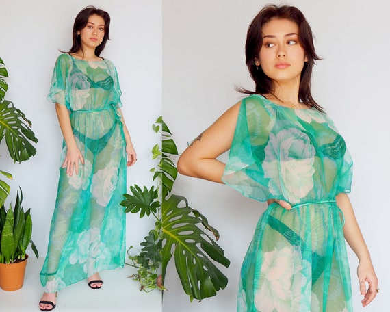 Sheer green floral 1970s poly chiffon dress bracelet sleeves small bust 93cm