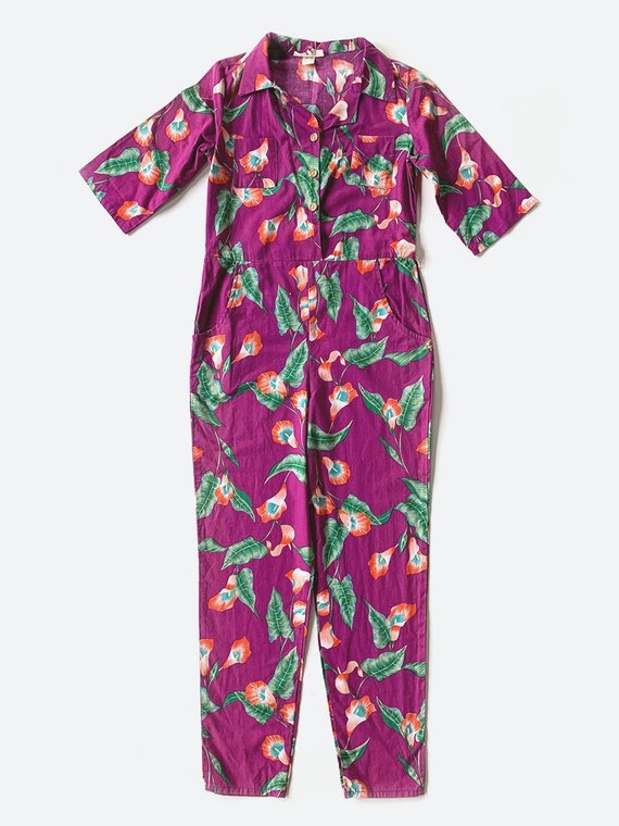 Purple Hawaiian Print Jumpsuit
