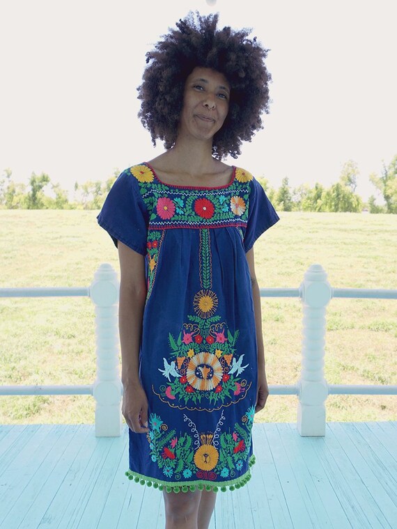 Blue Mexican Floral Embroidered Dress